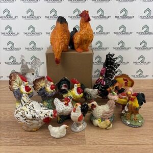 Huge 15pc Rooster Chicken Figurine Lot Farmhouse Decor Hen Glass Ceramic Resin